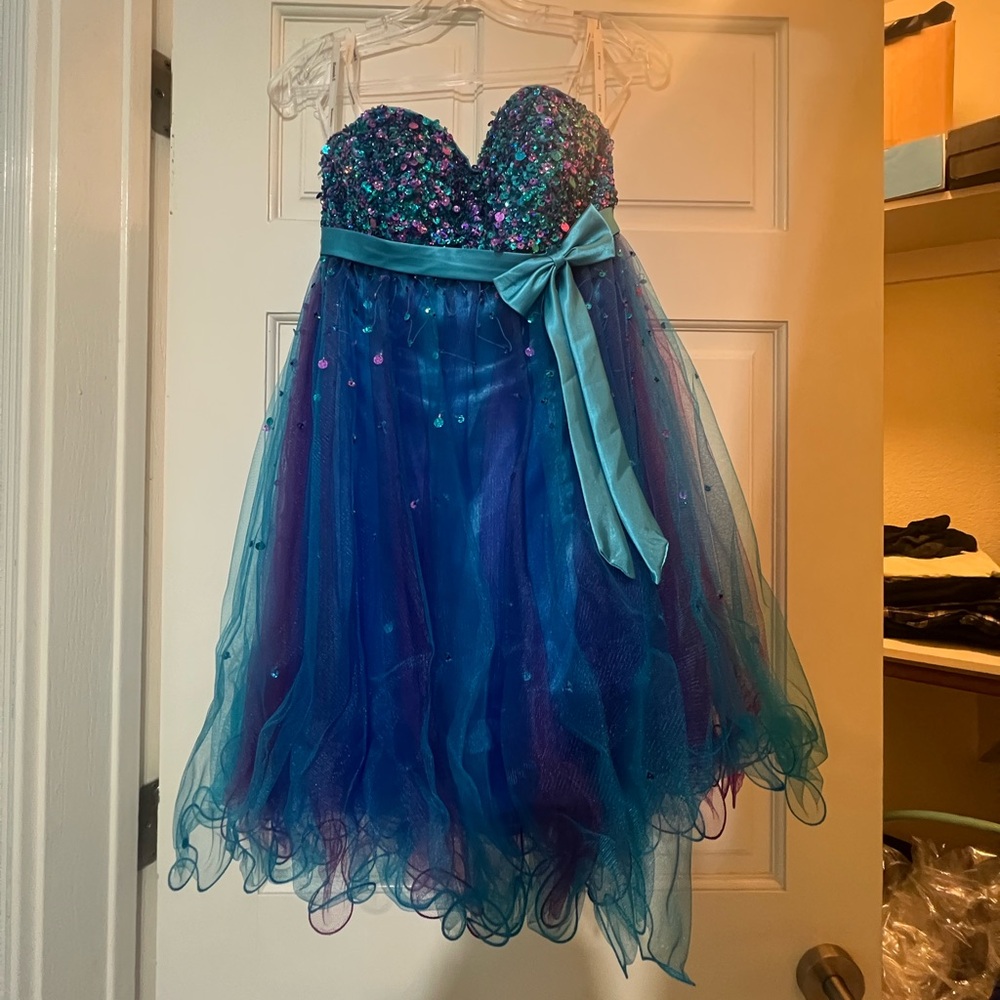 Hannah S Turquoise Multi Short Prom Dress